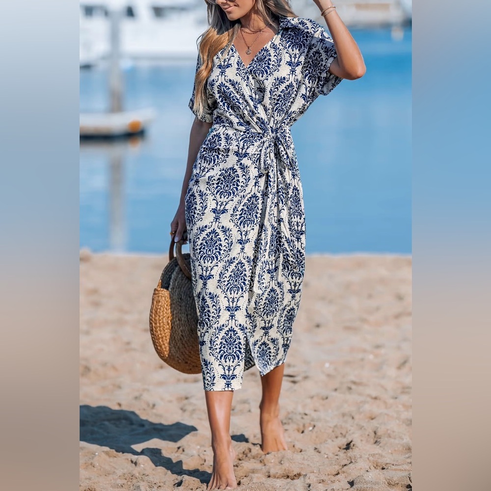 Cupshe Blue Collared Wrap Midi Dress Size L NWT